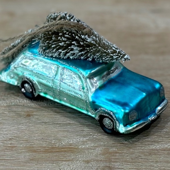 Anthropologie Blue Wood Panel Station Wagon with Christmas Tree Ornament - Picture 1 of 5
